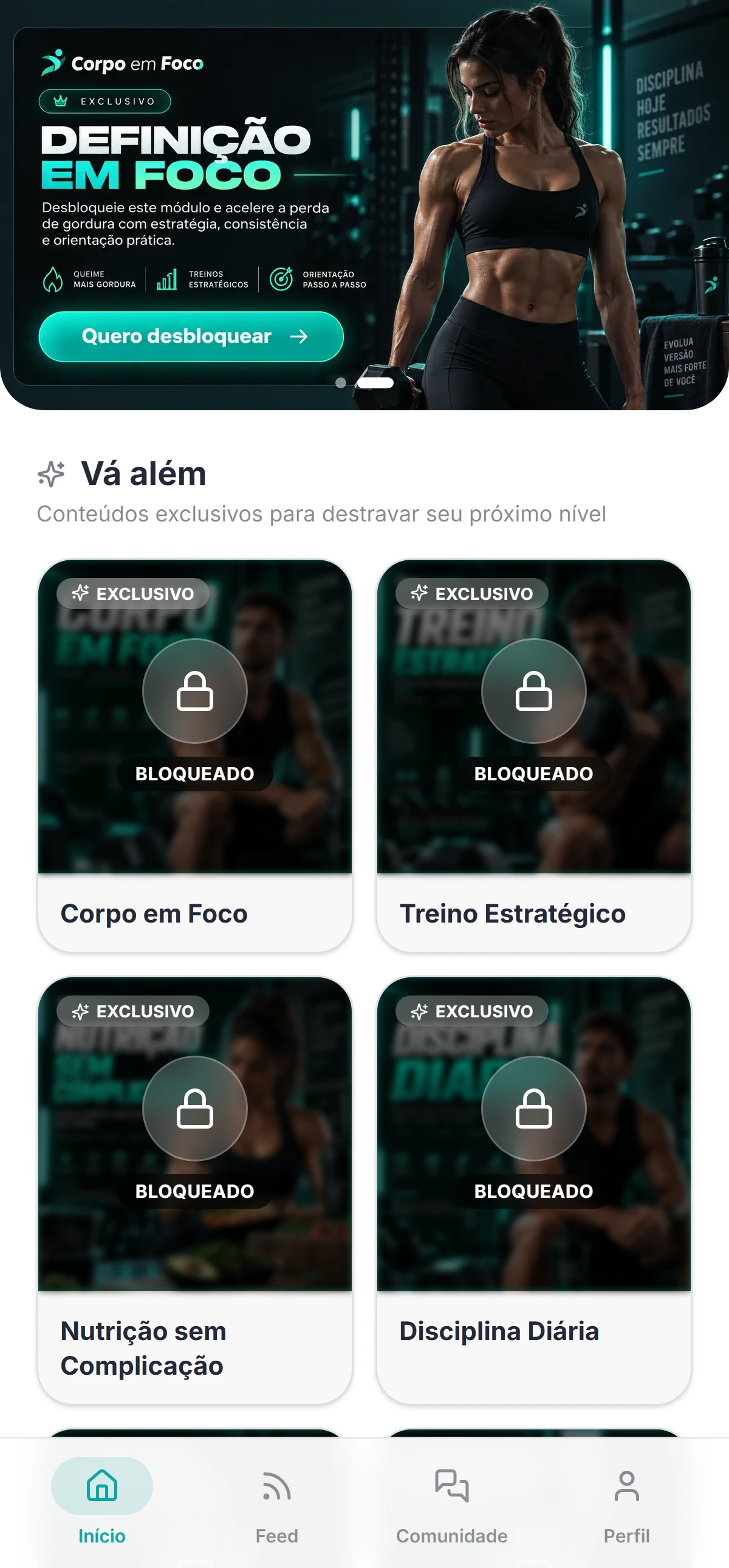 Prévia da tela inicial do app Corpo em Foco