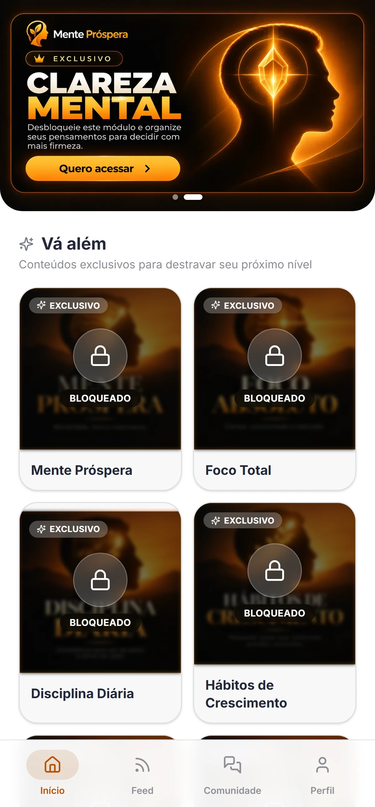 Home real do app Mente Próspera: banner de oferta e produtos bloqueados com cadeado na seção Vá além.
