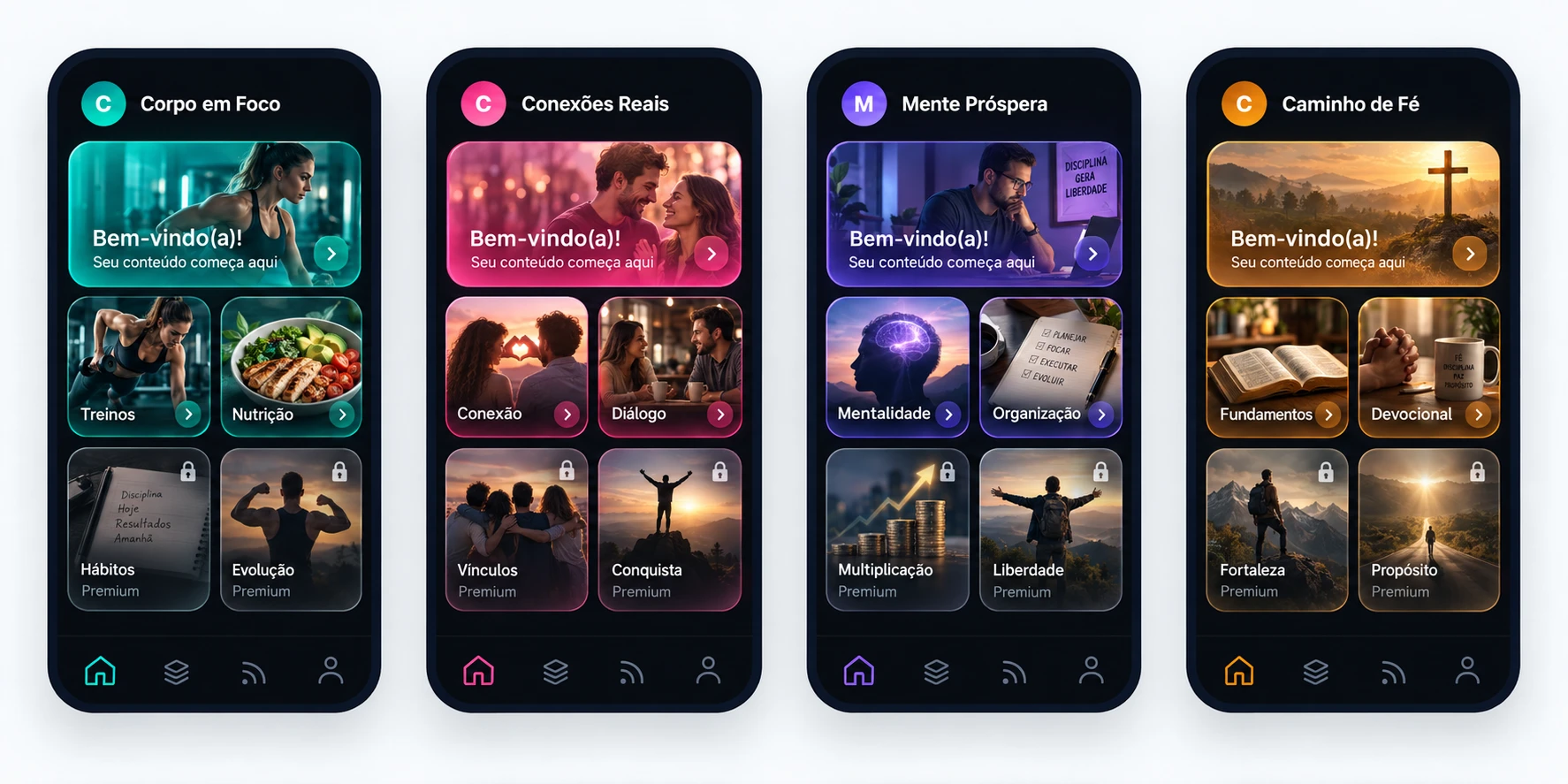 Quatro apps de exemplo criados no ScalleApp — Corpo em Foco, Conexões Reais, Mente Próspera e Caminho de Fé — cada um com a vitrine de módulos nas fotos e cores do seu nicho.